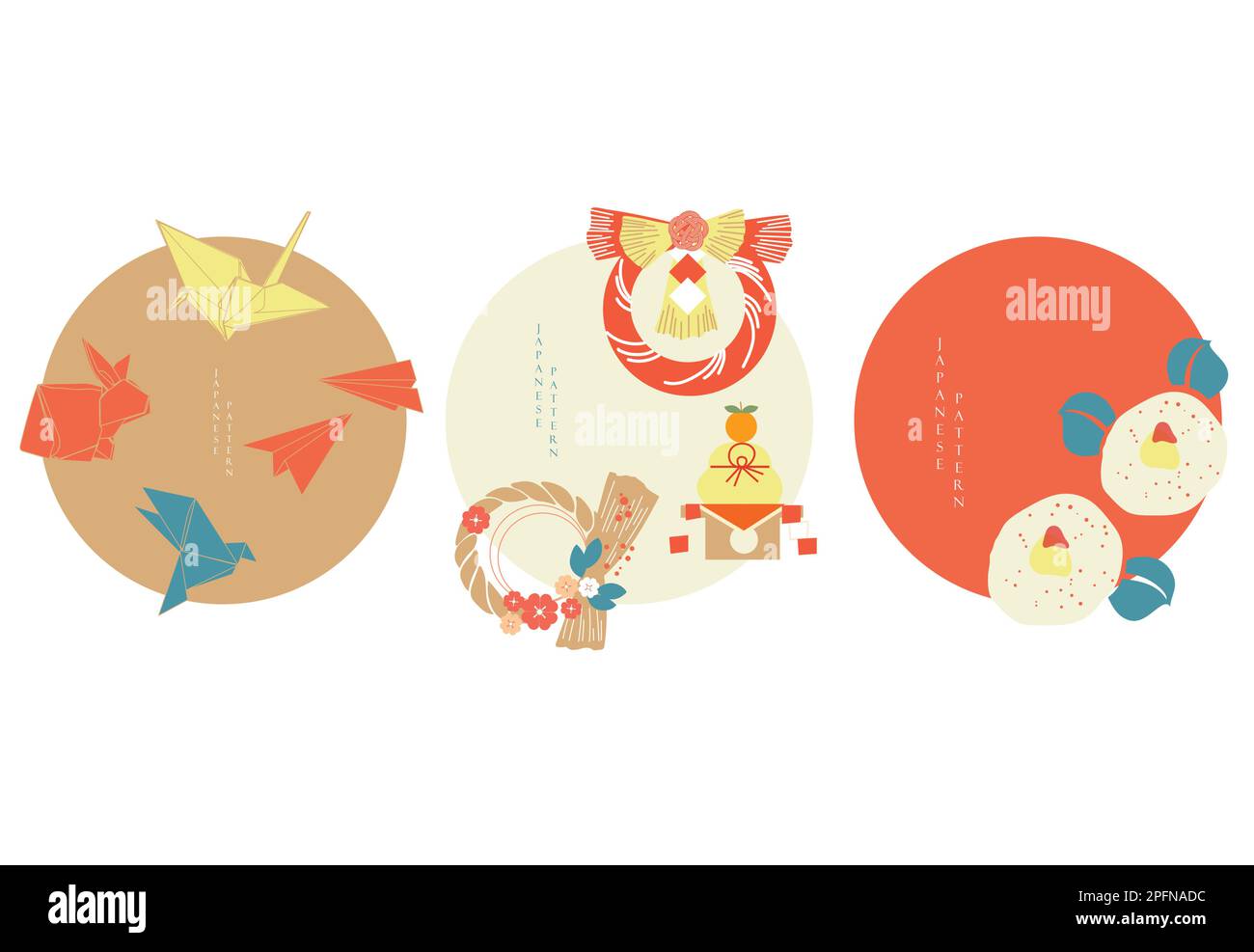 Asiatische Symbole mit japanischem Muster. Set aus modernen Grafikelementen mit einer feierlichen Ikone. Vorlage für Logodesign, Flyer oder Präsentation. Neujahr i Stock Vektor