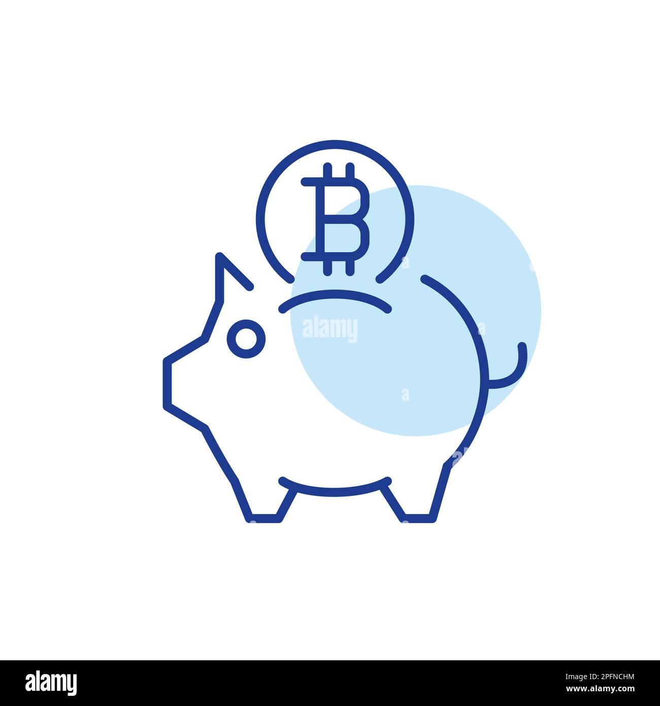Einsparungen durch Kryptowährungen. Sparschwein und Bitcoin-Symbol. Pixelgenaue, bearbeitbare Konturlinie Stock Vektor