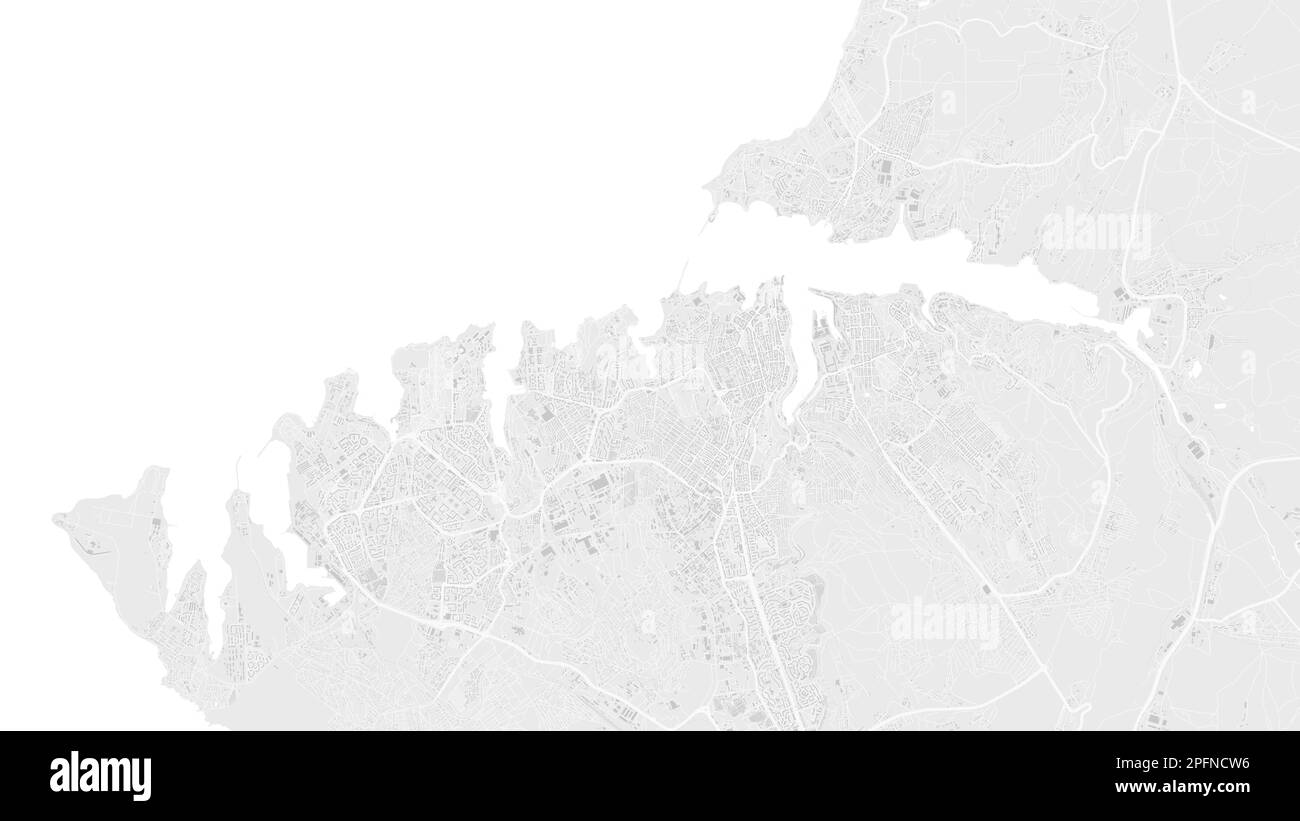 Weiß-hellgraue Vektorkarte der Stadt Sewastopol im Hintergrund, Straßen und Darstellung der Wasserkartografie. Breitbildformat, digitales, flaches Design Stock Vektor