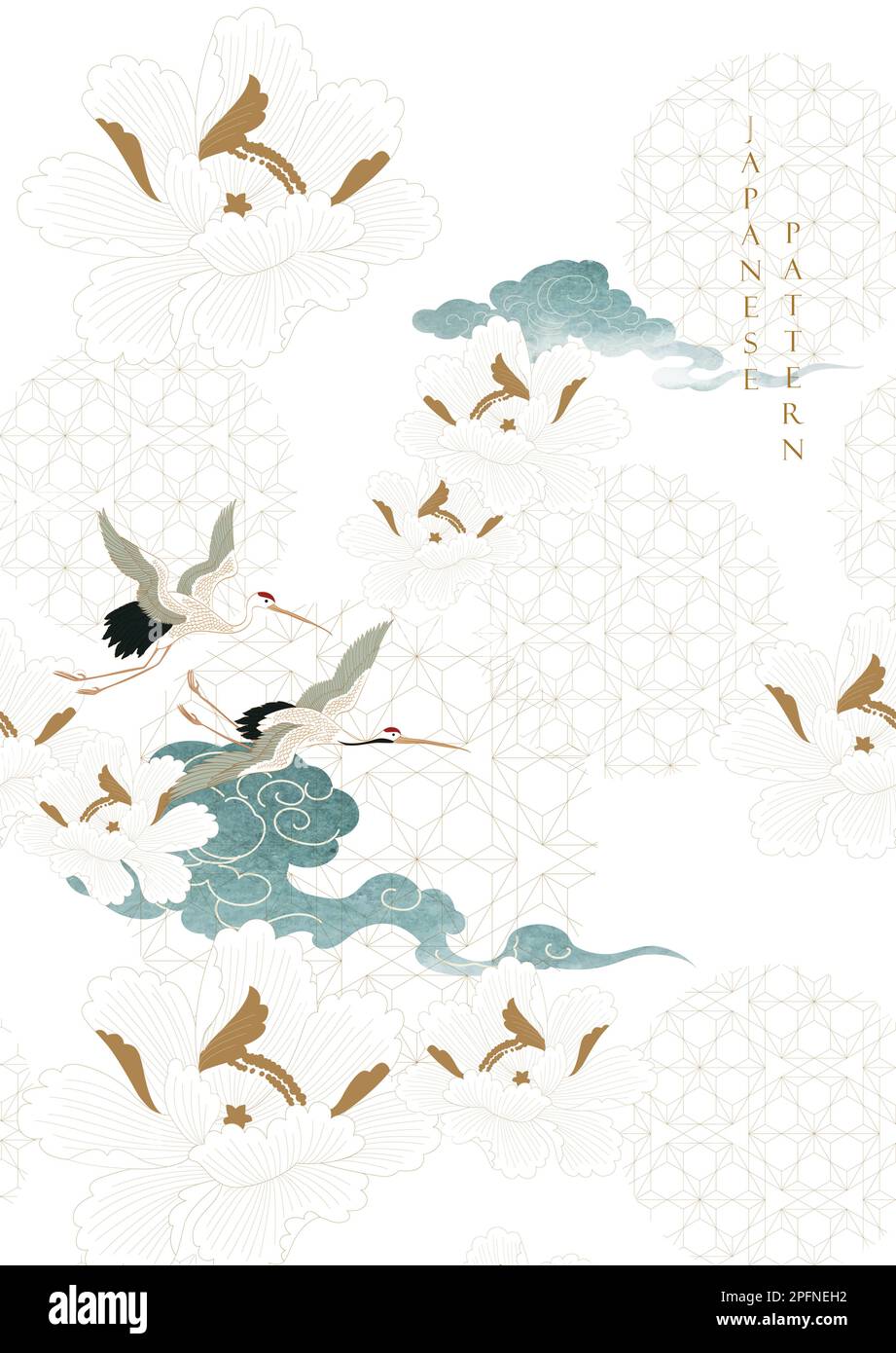 Kranvögel-Element. Chinesische Wolkendekoration mit blauer, wasserfarbener Textur im Vintage-Stil. Abstrakte Kunstlandschaft mit Pfingstrosen und lea Stock Vektor