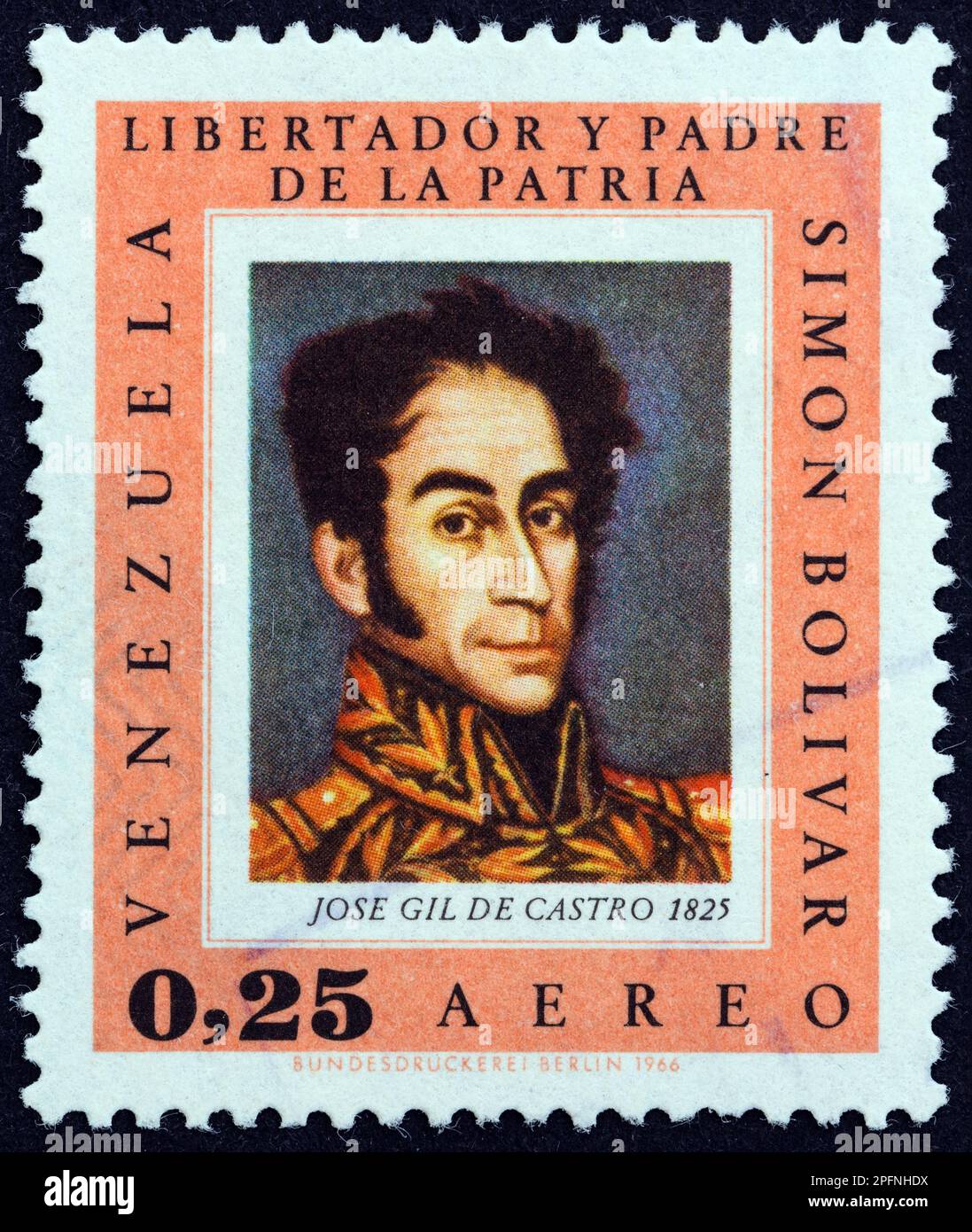 VENEZUELA - CIRCA 1966: Ein in Venezuela gedruckter Stempel aus der Ausgabe "Bolivar Commemoration, 1783-1830" zeigt Simon Bolivar von Jose Gil de Castro. Stockfoto