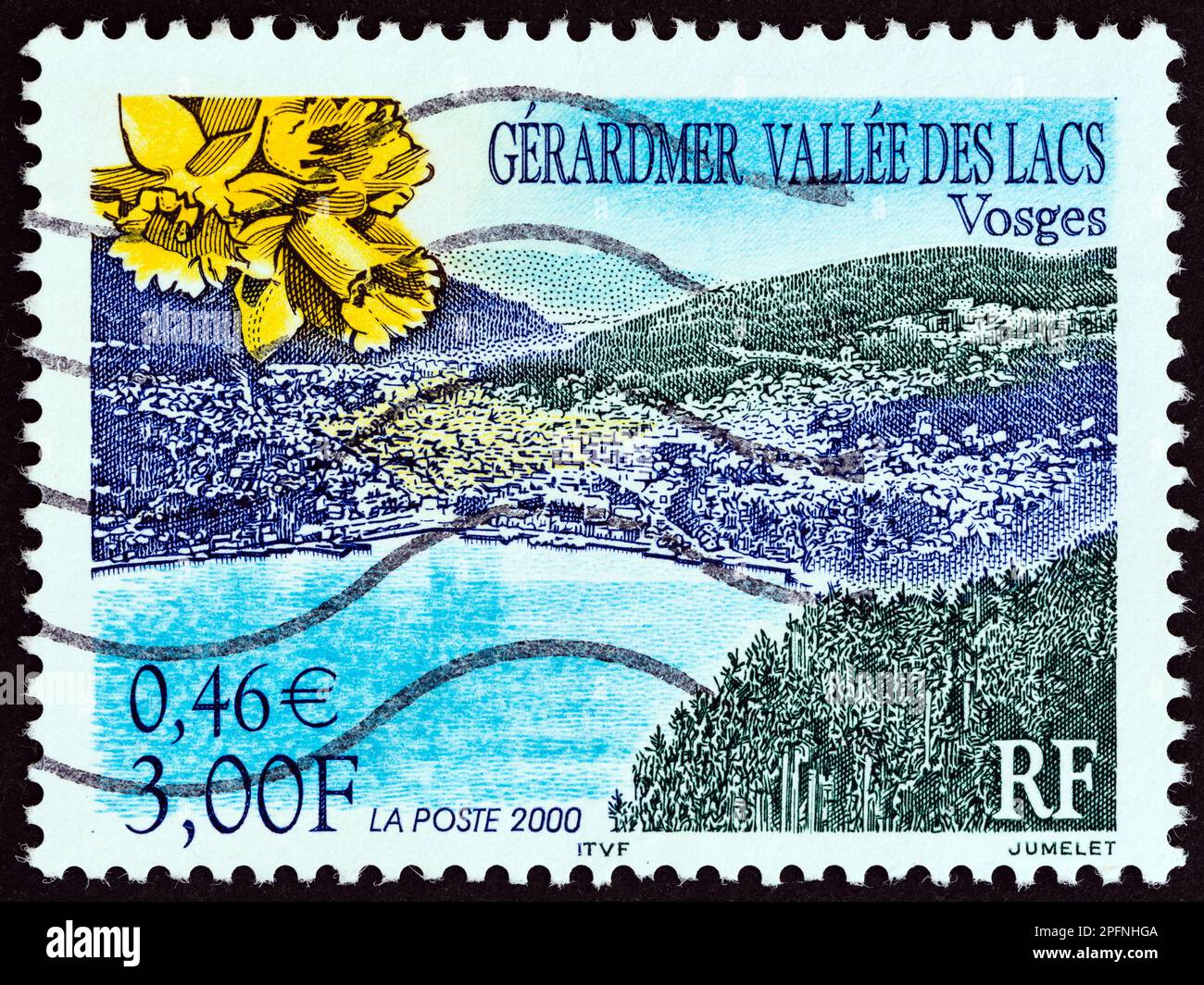 FRANKREICH - CA. 2000: Ein in Frankreich gedruckter Stempel zeigt das Tal der Seen, Gerardmer, ca. 2000. Stockfoto
