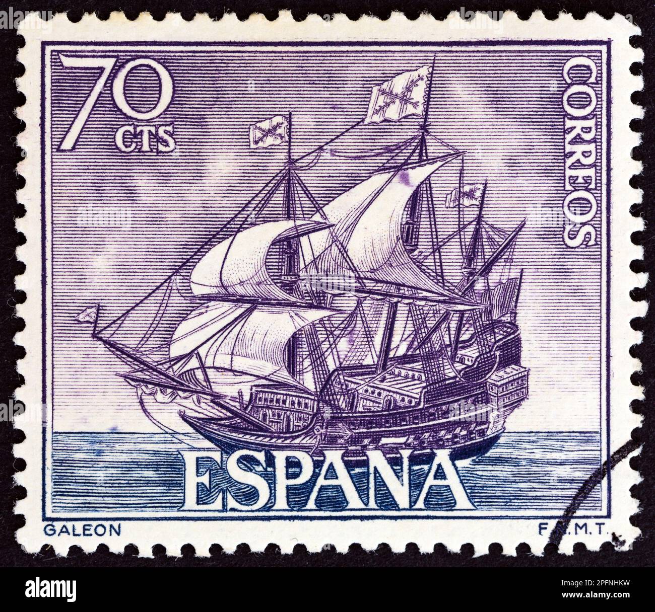 SPANIEN - CA. 1964: Ein in Spanien gedruckter Stempel des "spanischen Marineminers". Das Schiff zeigt Galleon, etwa 1964. Stockfoto