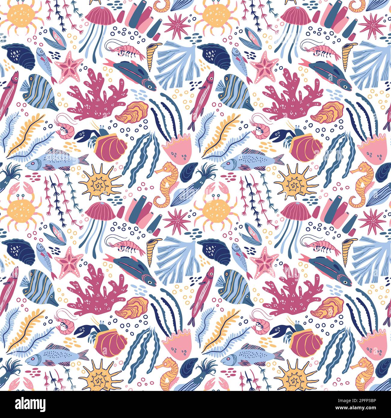 Tropische Seefische, Meeresmuster. Unterwasserkreaturen, Korallen und Blasen, Kinder Natur Wassermuschel. Pudelkorallen. Einrichtung: Textil, Geschenkpapier, Tapeten für das Kinderzimmer. Nahtloser Vektorhintergrund Stock Vektor