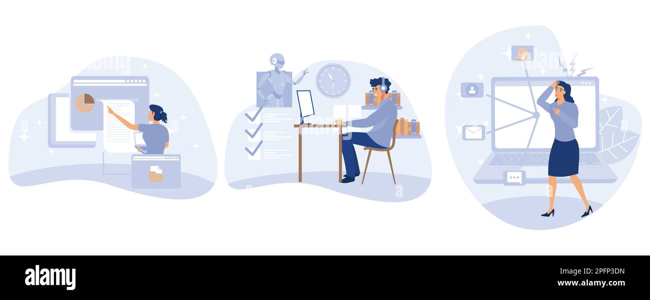 Digitalisiertes Geschäftskonzept, digitale Transformation, Wohlbefinden im Büro, digitale Überlastung, papierloser Workflow, Zeiterfassungs-App für soziale Medien, Einstellung f Stock Vektor