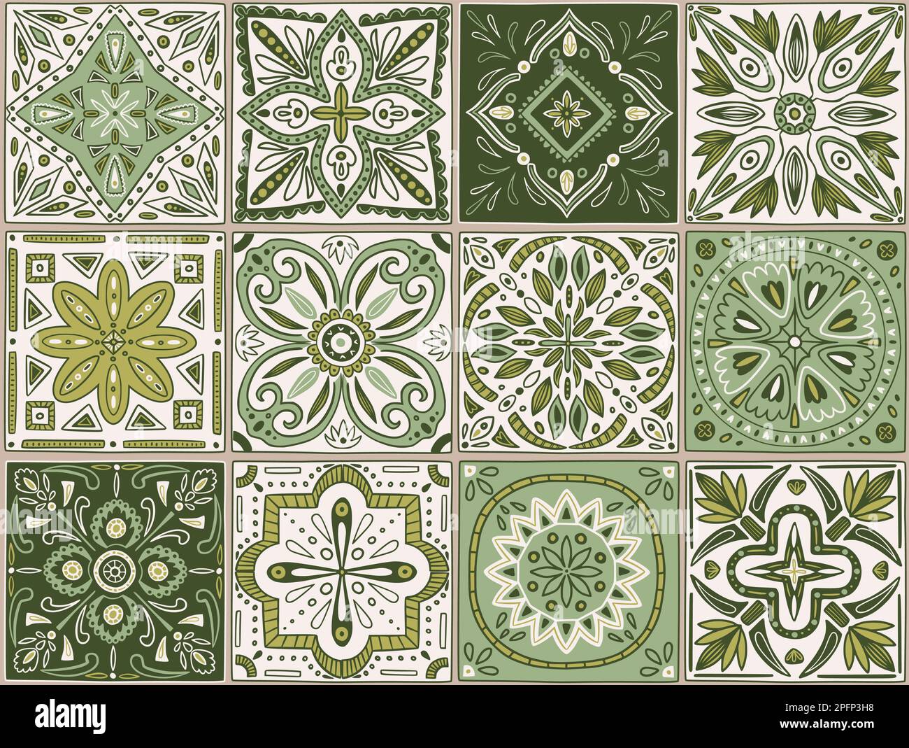 Italienische Keramikfliese, portugiesisches grünes Muster. Mediterranes mexikanisches Mosaik, marokkanische Ornamente, handgezeichneter Rand. Einrichtung: Textil, Geschenkpapier, Tapete. Darstellung der Vektorgeometrie Stock Vektor