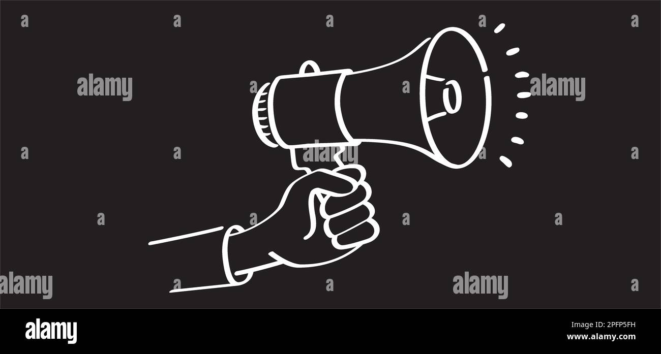Cartoon-Megafon, Mikrofon für die Sprachnachricht. Lautsprecher, Mikrofoon-Piktogramm. Horn, ich kündige das Verkettungsgespräch an. Megafonverstärker. Zeichnung Tal Stockfoto
