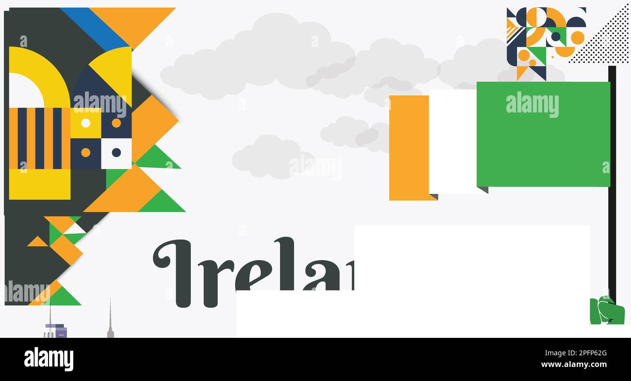 Irische Flagge und Gestaltung des Nationalfeiertags oder des Unabhängigkeitstages für die irische Flagge. Moderne rote Sternchen im Retro-Stil, traditionelle abstrakte Ikonen. Vektordarstellung. Stock Vektor