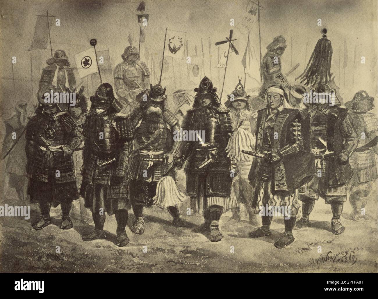 Zeichnung der japanischen Krieger von Charles Wirgman, nach einem Beato-Foto. Charles Wirgman (31. August 1832 - 8. Februar 1891) war ein englischer Künstler und Karikaturist, der Schöpfer des Japan Punch und Illustrator in China und Meiji-Periode-Japan für die illustrierten London News. 1864 von Felice Beato Stockfoto