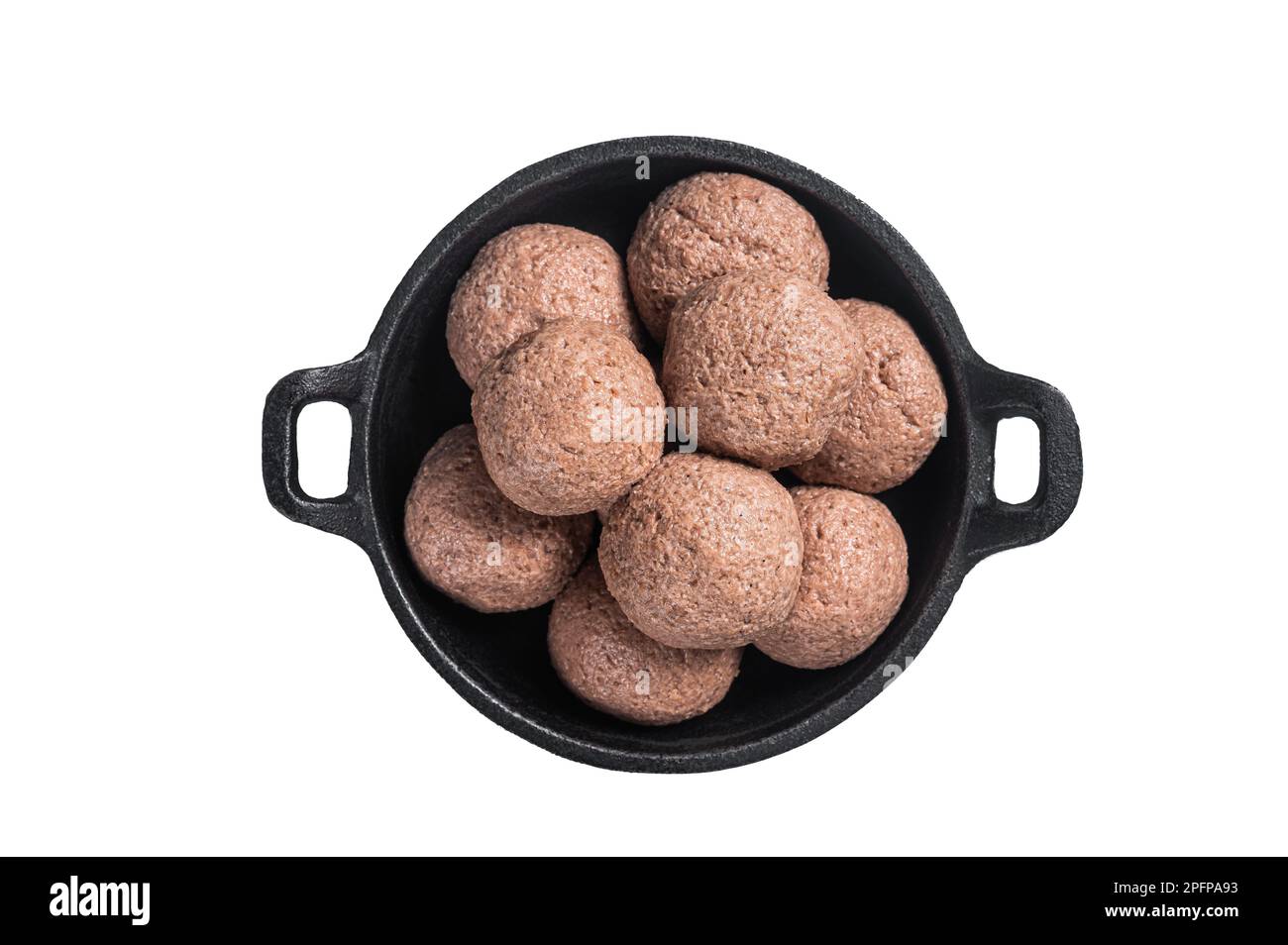 Rohe Fleischbällchen ohne Veggie in Pfannkuchen. Isoliert auf weißem Hintergrund. Stockfoto