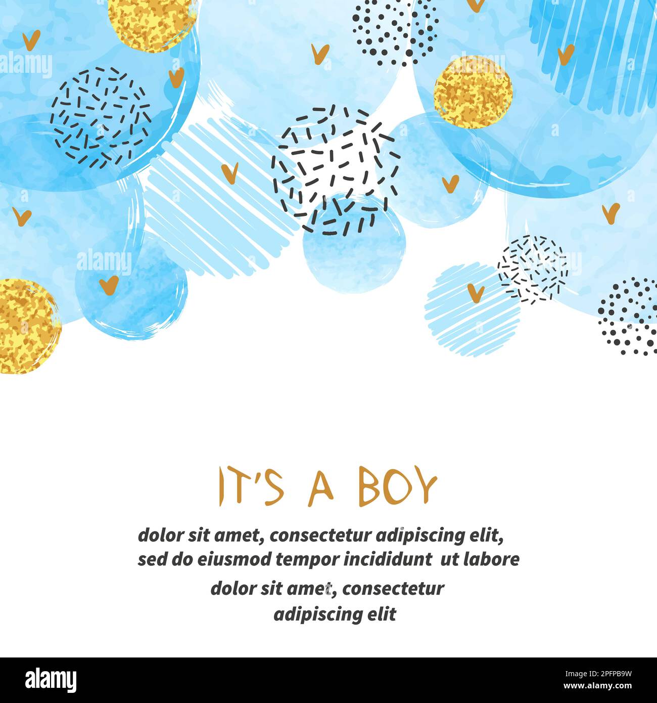 Baby Dusche Junge Karte Design mit abstrakten Aquarell blau und glitzernden goldenen Kreisen. Stock Vektor