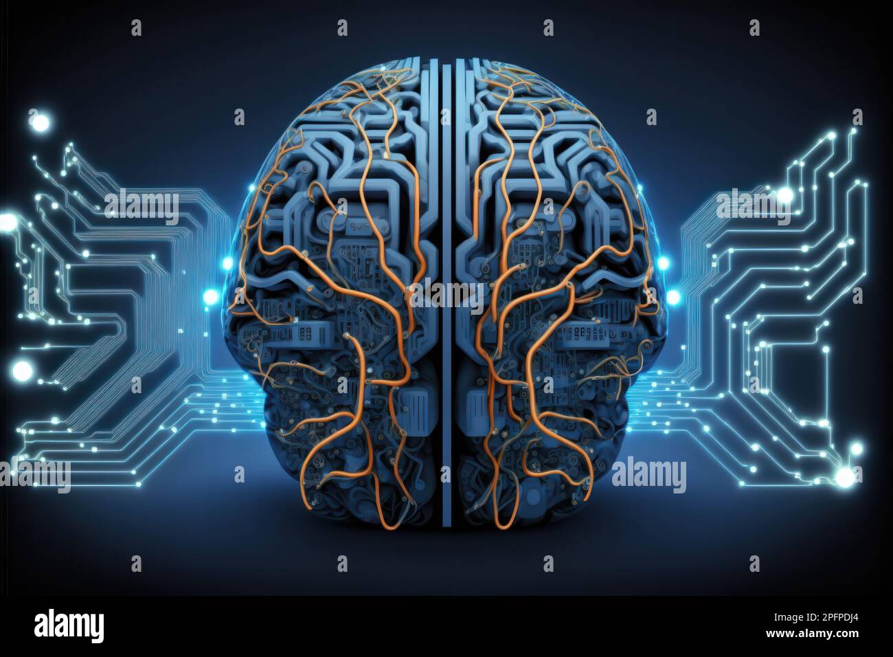 Potenzielle Zukunft der künstlichen Intelligenz, wobei ein drahtgebundenes Gehirn den nächsten 