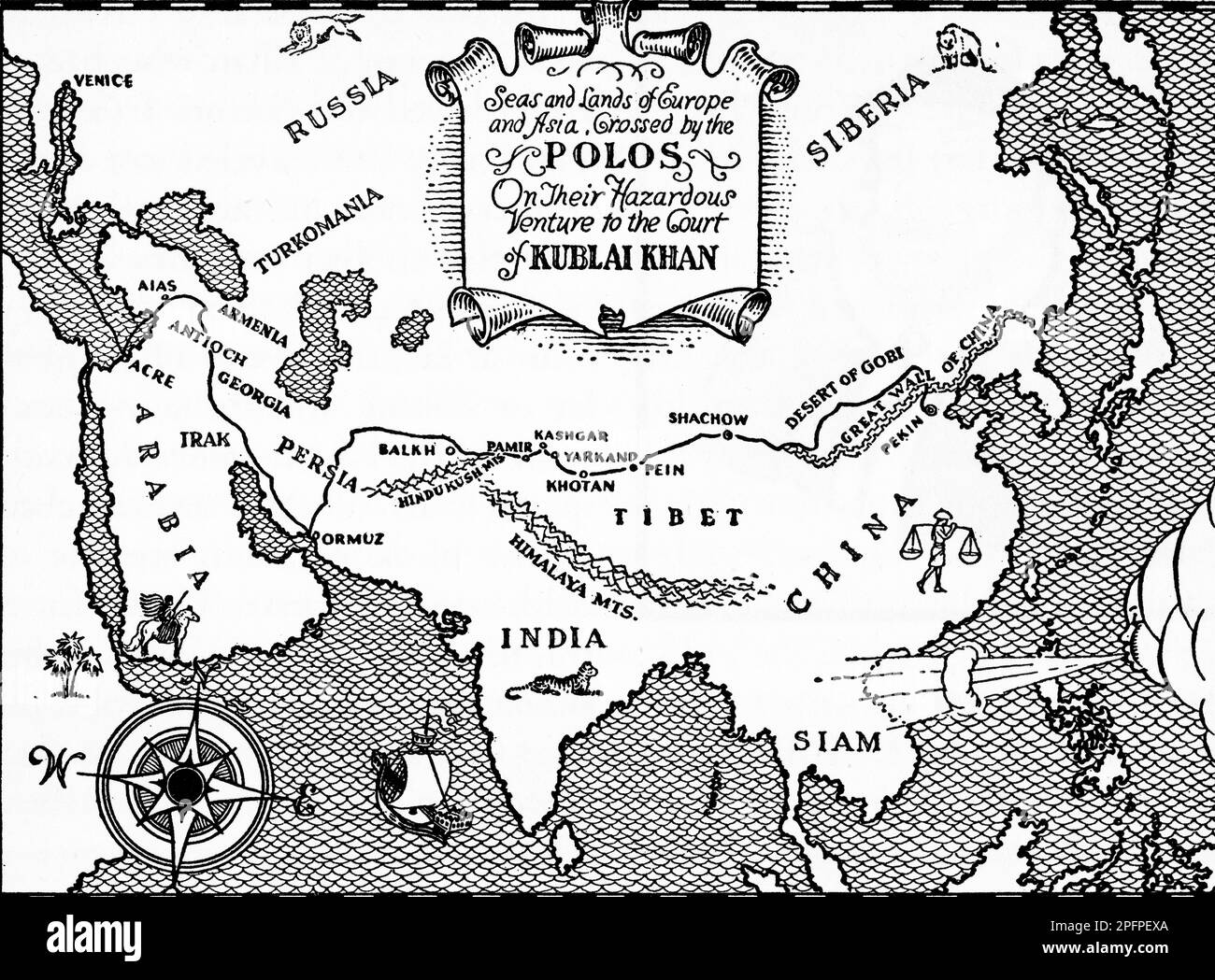 "Meere und Länder Europas und Asiens, durchquert von den Polos auf ihrem gefährlichen Venture zum Hof von Kublai Khan", c1933. Eine Karte, auf der die Reise zum Hof des Kublai Khan (1215-1294) von Marco Polo (c1254-1324), Niccolò Polo (c1230-c1294) und Maffeo Polo (c1230-c1309) gezeigt wird. Stockfoto