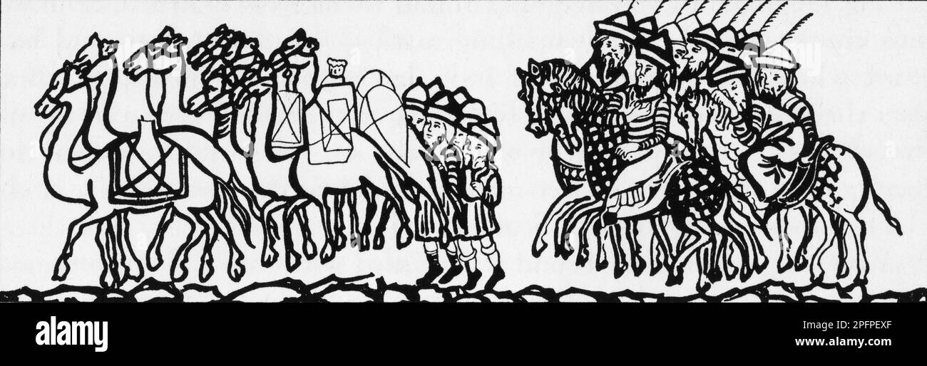Marco Polos Wohnwagen, nach dem katalanischen Atlas, 1375. Der katalanische Atlas ist eine mittelalterliche Weltkarte oder Mappa mundi. Der orientalische Teil des katalanischen Atlas zeigt zahlreiche religiöse Referenzen sowie eine Synthese der mittelalterlichen Mappae mundi und der Reiseliteratur der Zeit, einschließlich Marco Polos Buch der Wunder. Stockfoto