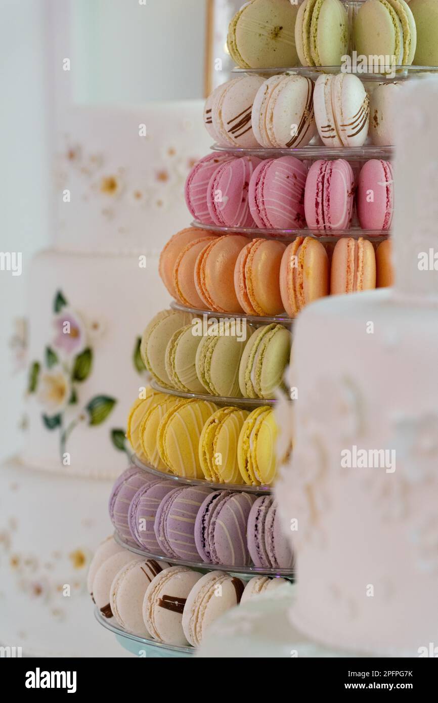 Macaroon ist ein süßes Meringue-Konfekt aus Eiweiß, Puderzucker, Granulatzucker, Mandelmehl und Lebensmittelfarbe Stockfoto