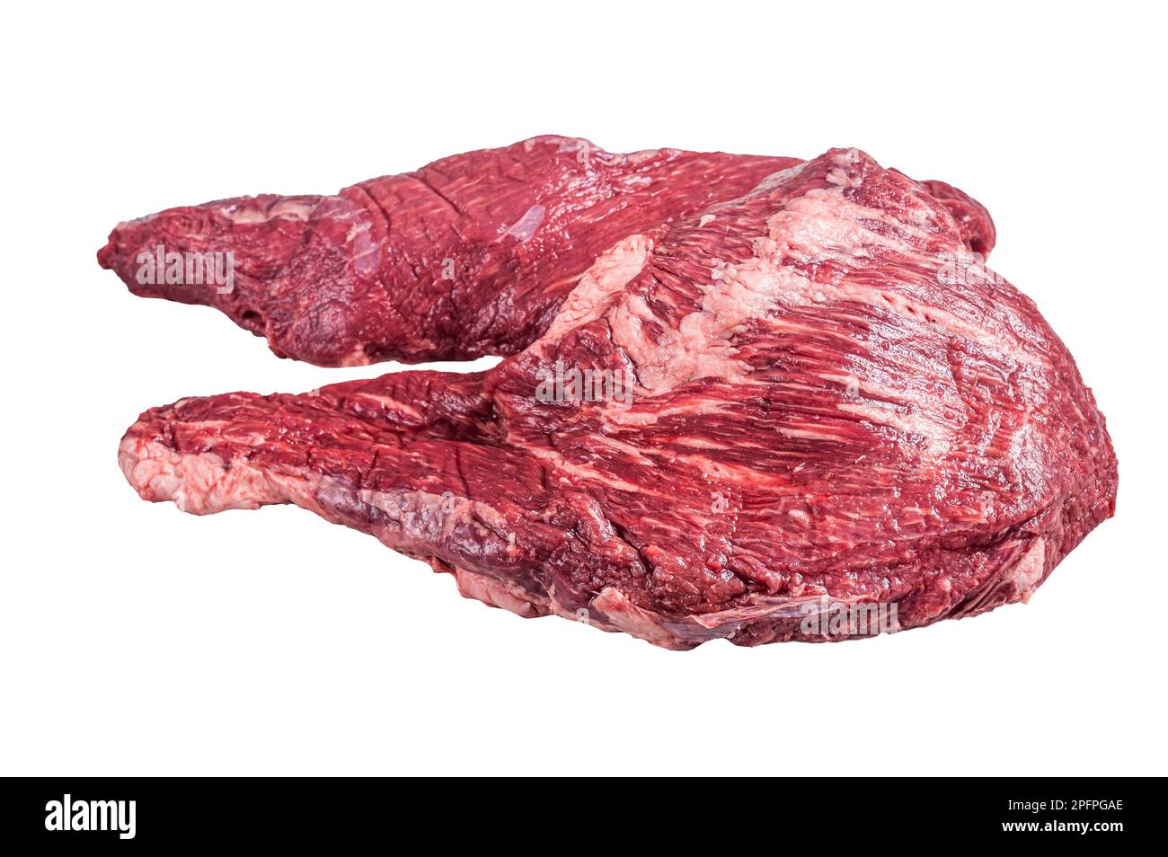 Rohes Rindersteak mit drei Spitzen auf dem Küchentisch. Isoliert auf weißem Hintergrund. Stockfoto