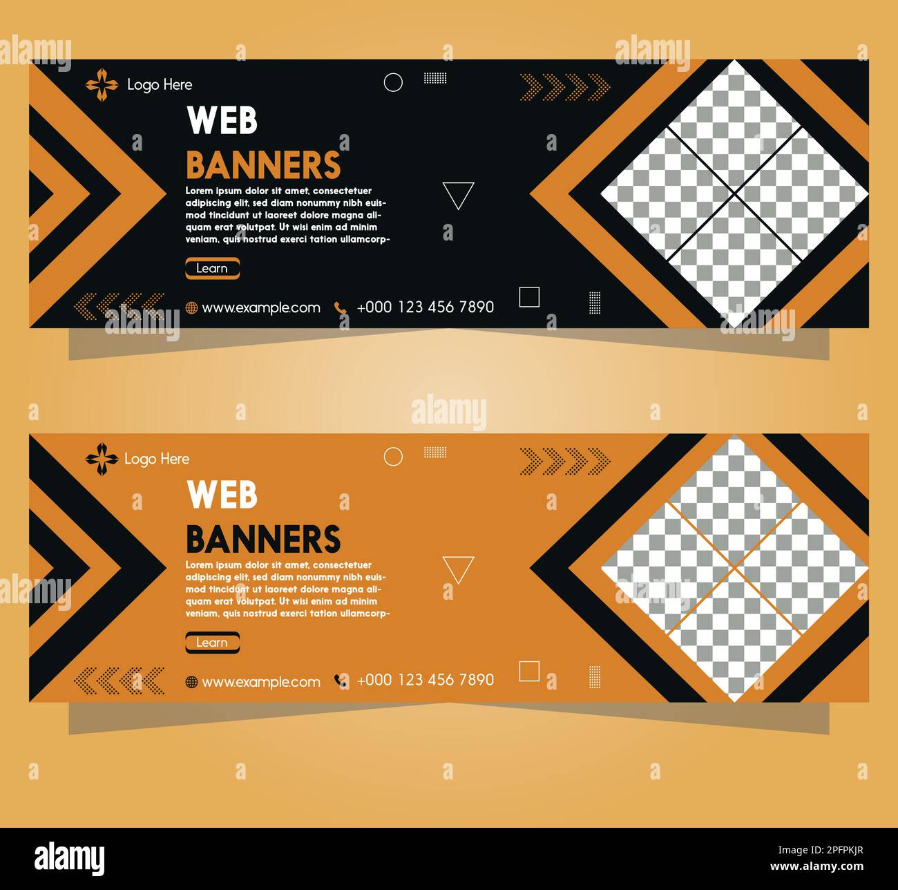 Zwei Vektoren für Website-Banner in Orange und Schwarz, vollständig bearbeitbare Farben und Schriftarten Stock Vektor