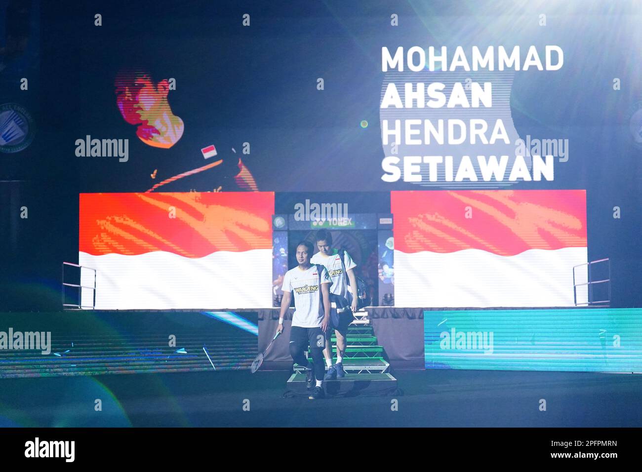 Indonesiens Mohammad Ahsan (links) und Hendra Setiawan treten am 5. Tag der YONEX All England Open Badminton Championships in der Utilita Arena Birmingham auf, um Chinas Liang Wei Keng und Wang Chang (nicht abgebildet) zu spielen. Foto: Samstag, 18. März 2023. Stockfoto