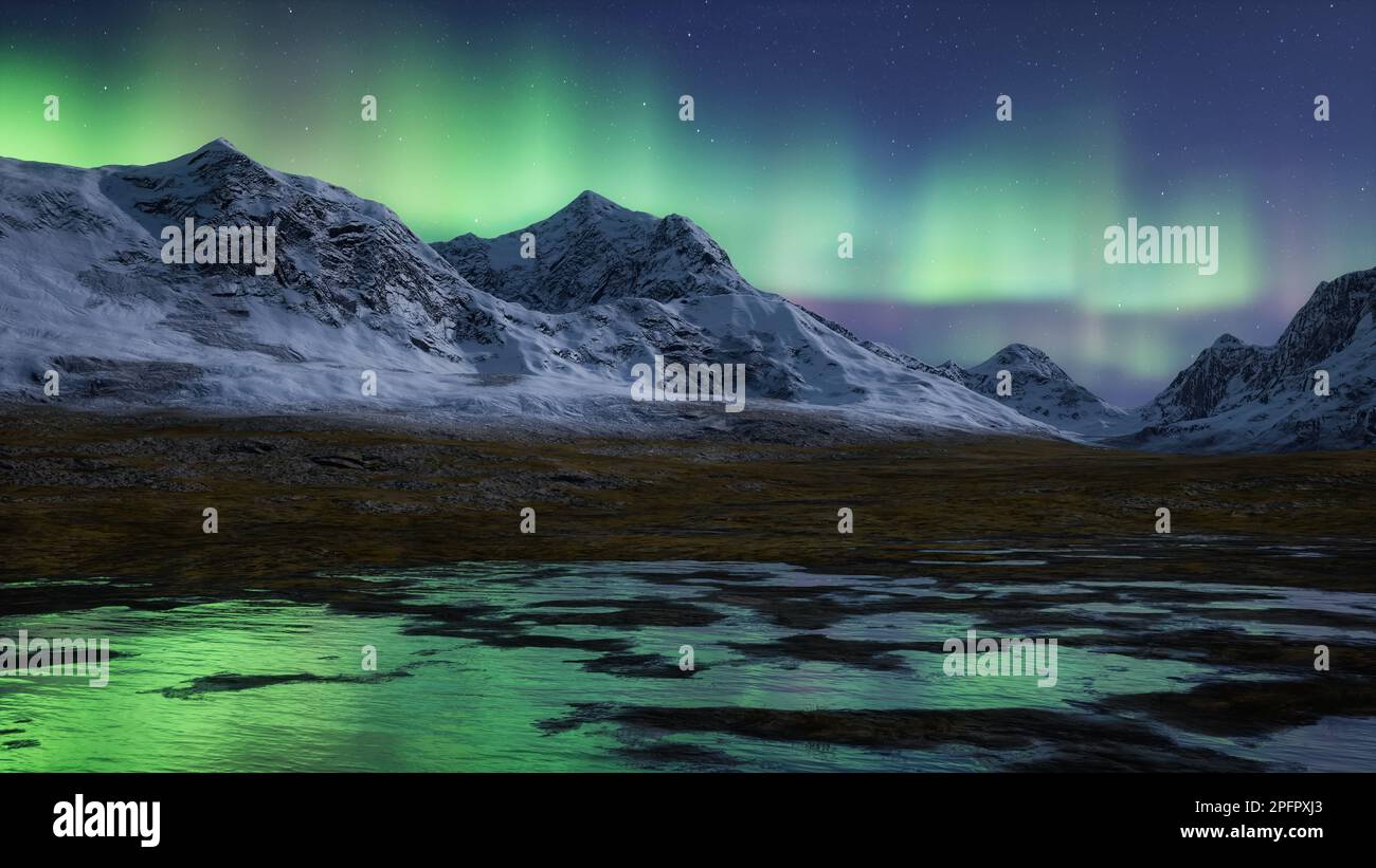Rocky Mountain Landscape bei Nacht mit Stars und Northern Lights in Sky. Stockfoto