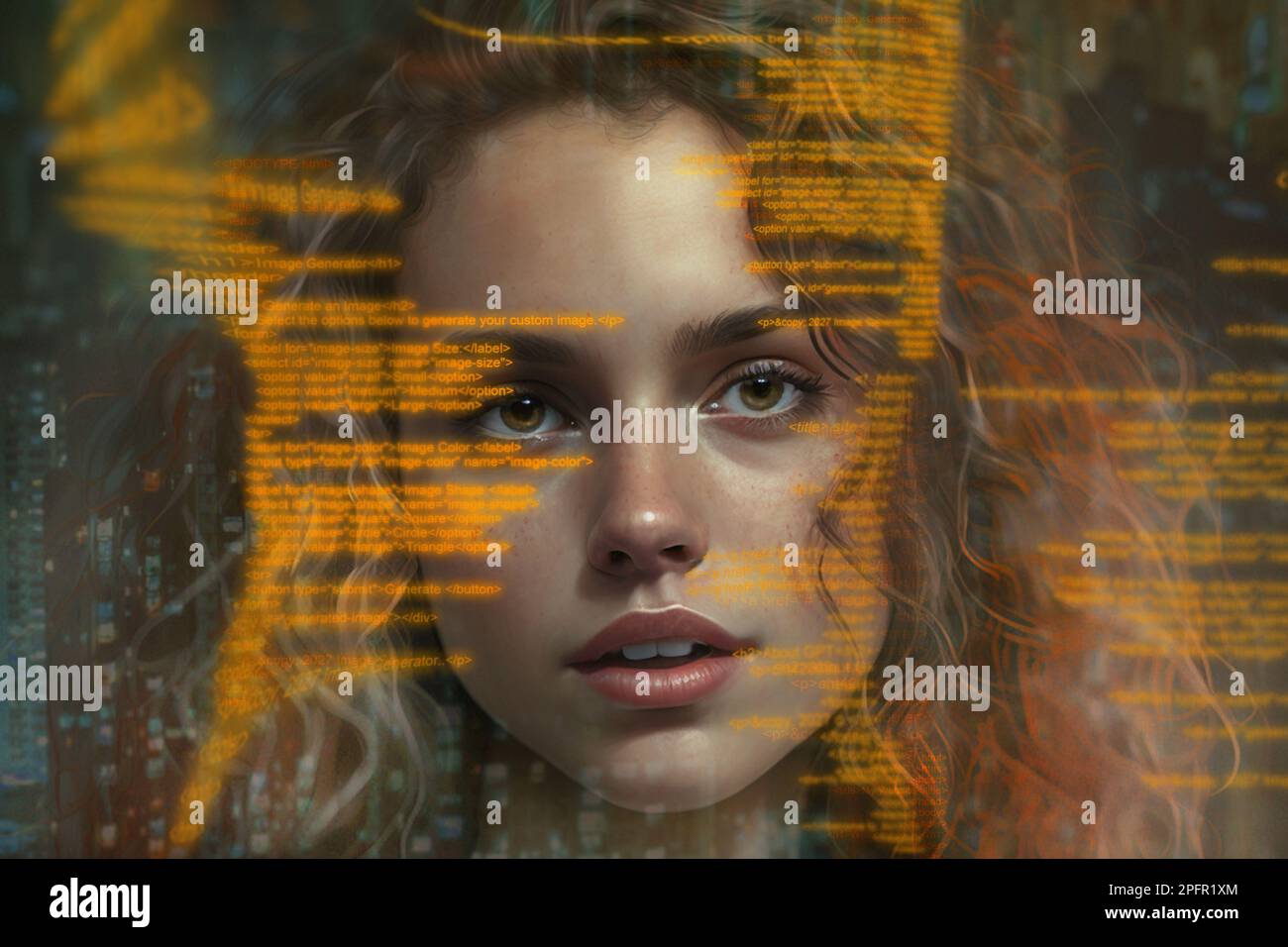 KI erzeugte ein Porträtbild einer Frau, die Code ansieht Stockfoto