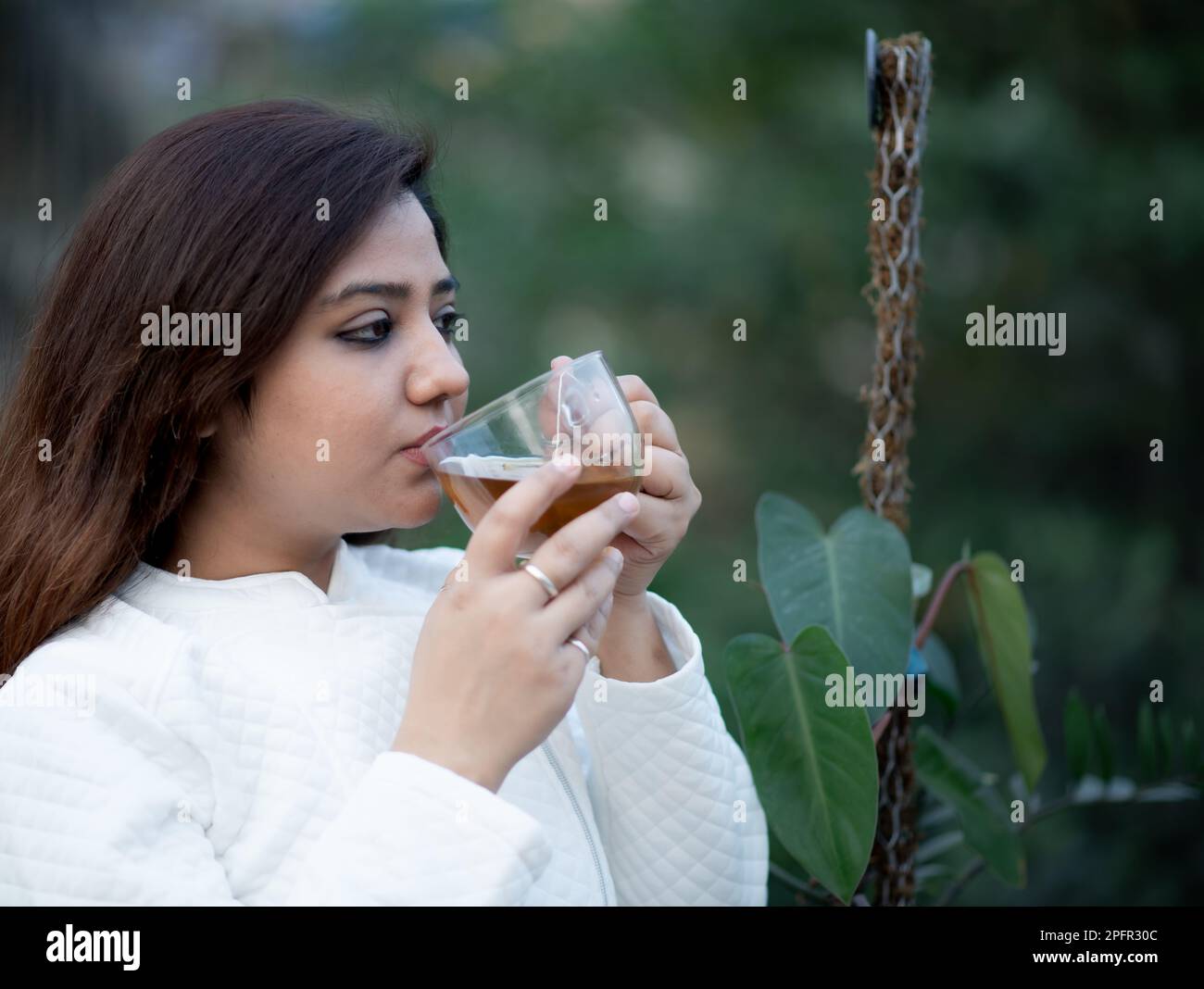 Junge Frauen, die eine transparente Teetasse halten und mit beiden Händen schwarzen Tee in einem Garten trinken, tragen eine weiße Wolljacke Stockfoto