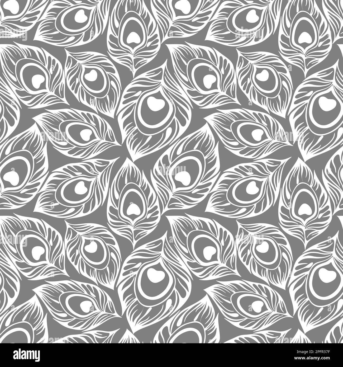 Nahtloses Konturmuster aus weißen Pfauenfedern auf grauem Hintergrund, Struktur, Design Stockfoto