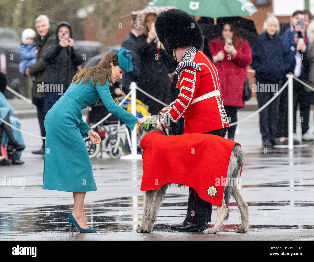 Aldershot, England. UK. 17. März 2023. Catherine, Prinzessin von Wales, präsentiert das Regimentsmaskottchen Irish Wolf Hound „Turlough Mor“ (alias Seamus) mit einem Stockfoto