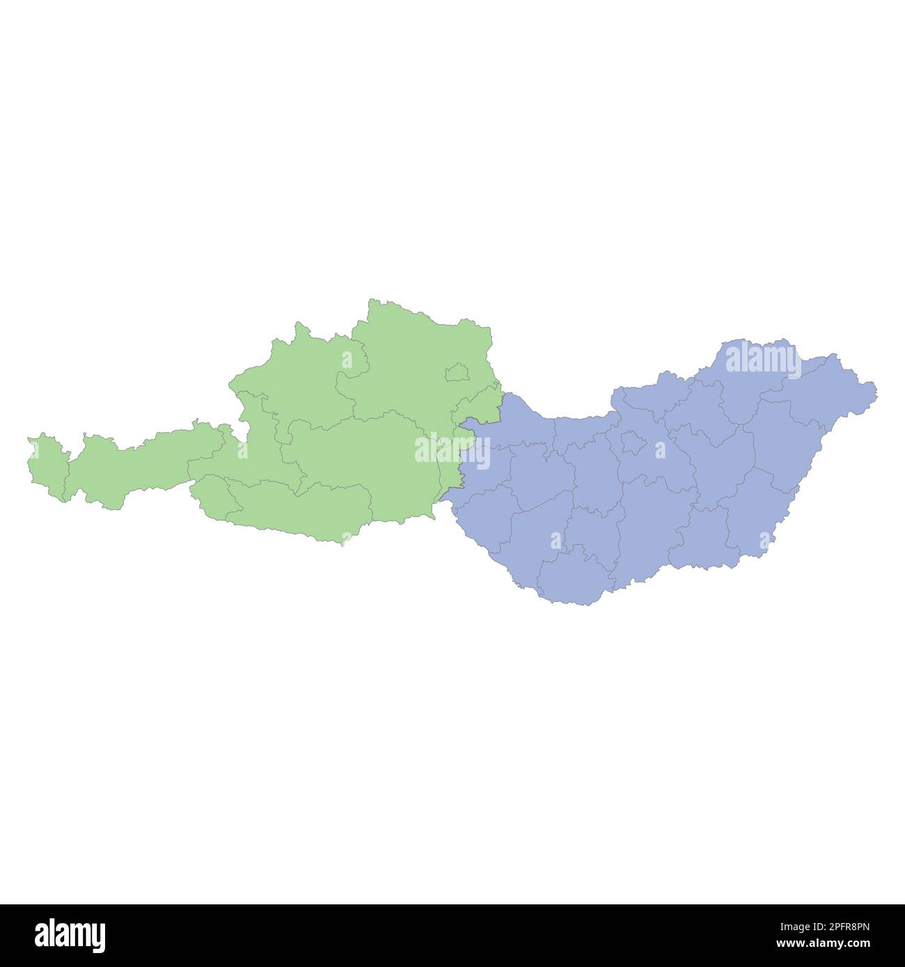 Qualitativ hochwertige politische Landkarte Österreichs und Ungarns mit Grenzen der Regionen oder Provinzen. Vektordarstellung Stock Vektor