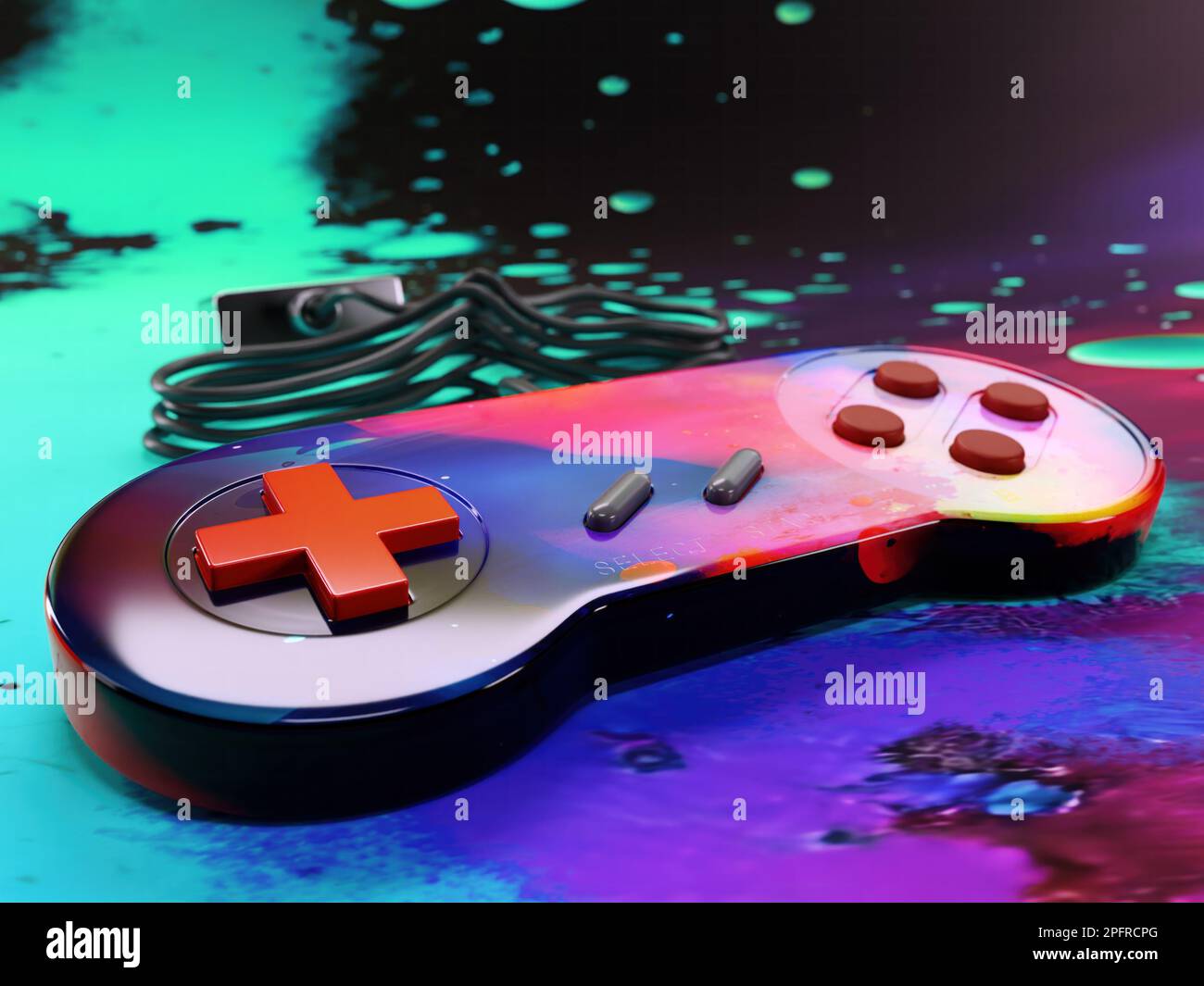 3D-Rendering des Game Controllers in abstrakten, spritzigen Farben Stockfoto