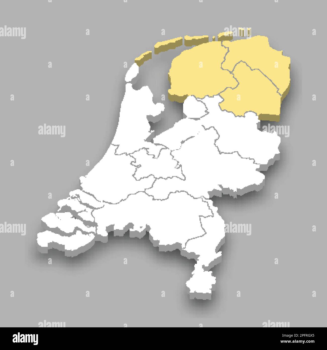 Standort der Region Nord innerhalb der isometrischen 3D-Karte der Niederlande Stock Vektor