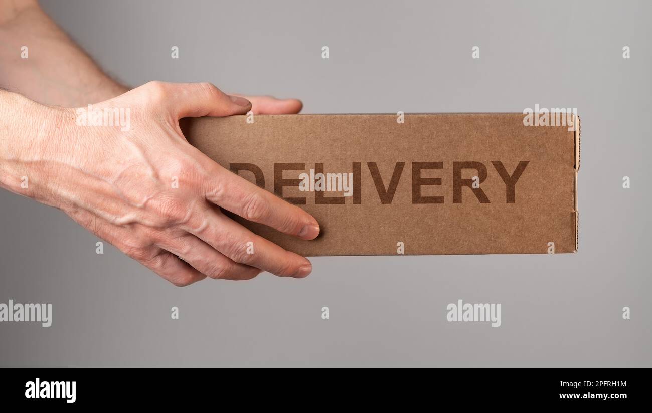 Kuriere halten Pappkarton, liefern Bestellung, Postpäckchen in brauner Seitenansicht. Stockfoto