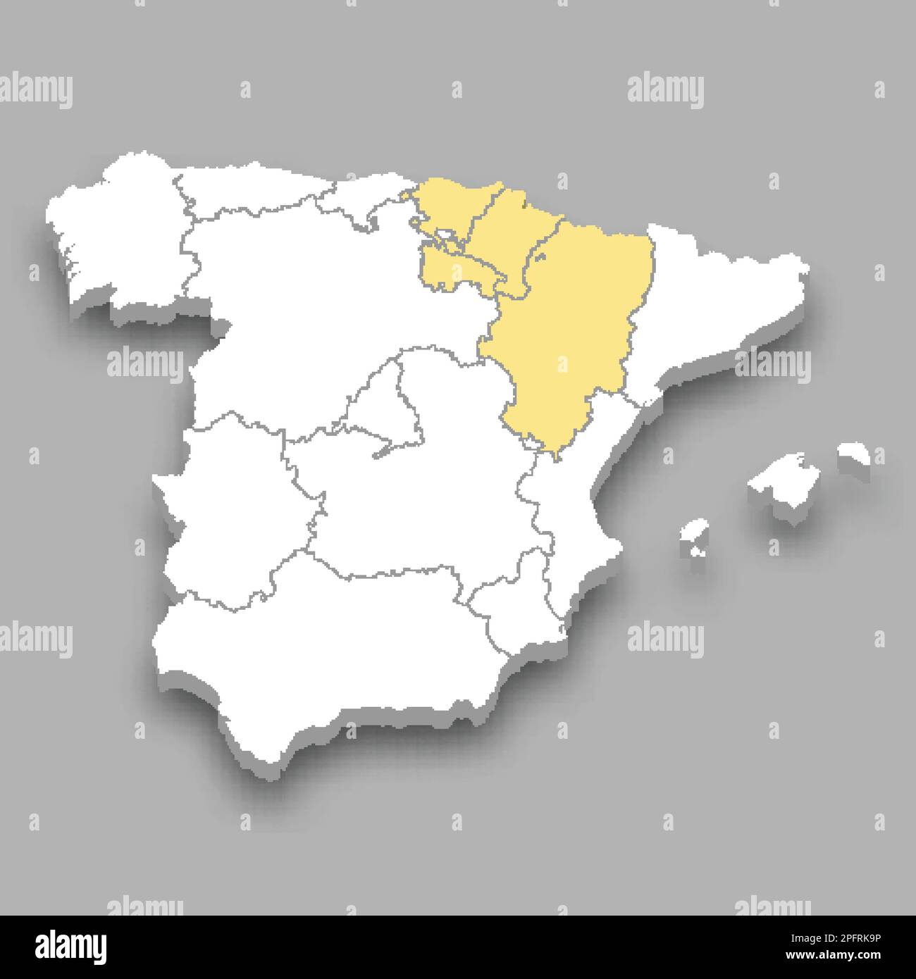 Position der Region Nordosten innerhalb der isometrischen 3D-Karte von Spanien Stock Vektor