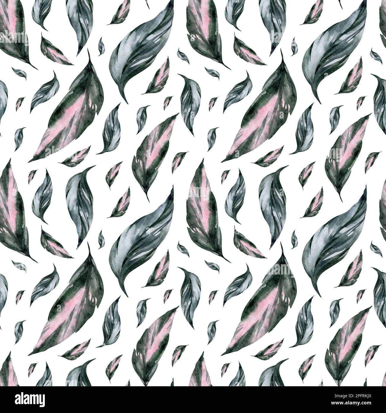 Nahtloses Aquarell-Muster. Blumiger Hintergrund tropische Blüten und Blätter mit Flamingo-Vögeln. Pflanzen und Blumen Australiens. Stockfoto