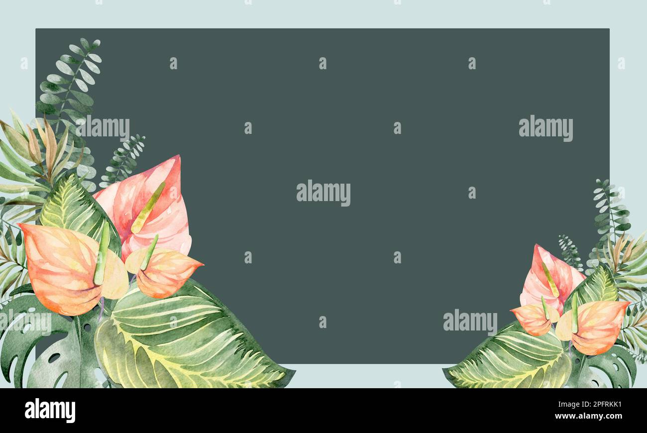 Rahmen in Aquarellfarben mit Blumenmuster. Rahmen aus tropischen Blumen. Werke Australiens und Afrikas. Für das Design von Weihnachtskarten, Geburtstag, Hochzeit Stockfoto