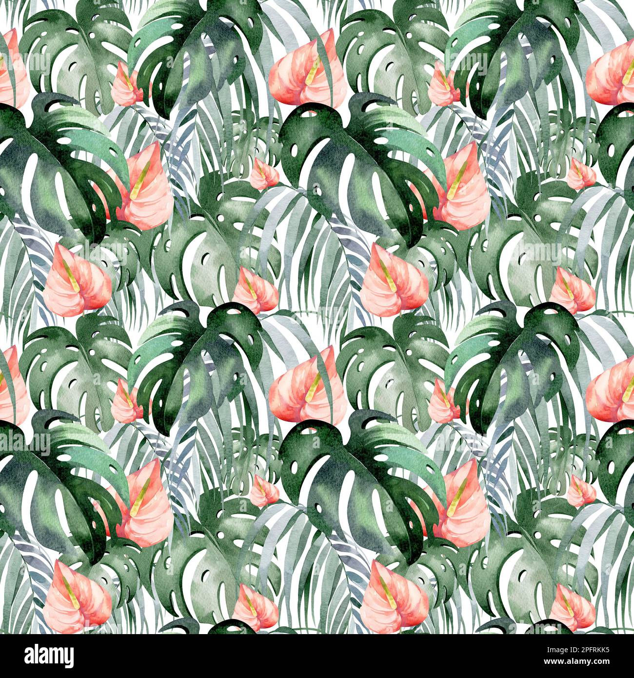 Nahtloses Aquarell-Muster. Blumiger Hintergrund tropische Blüten und Blätter mit Flamingo-Vögeln. Pflanzen und Blumen Australiens. Stockfoto