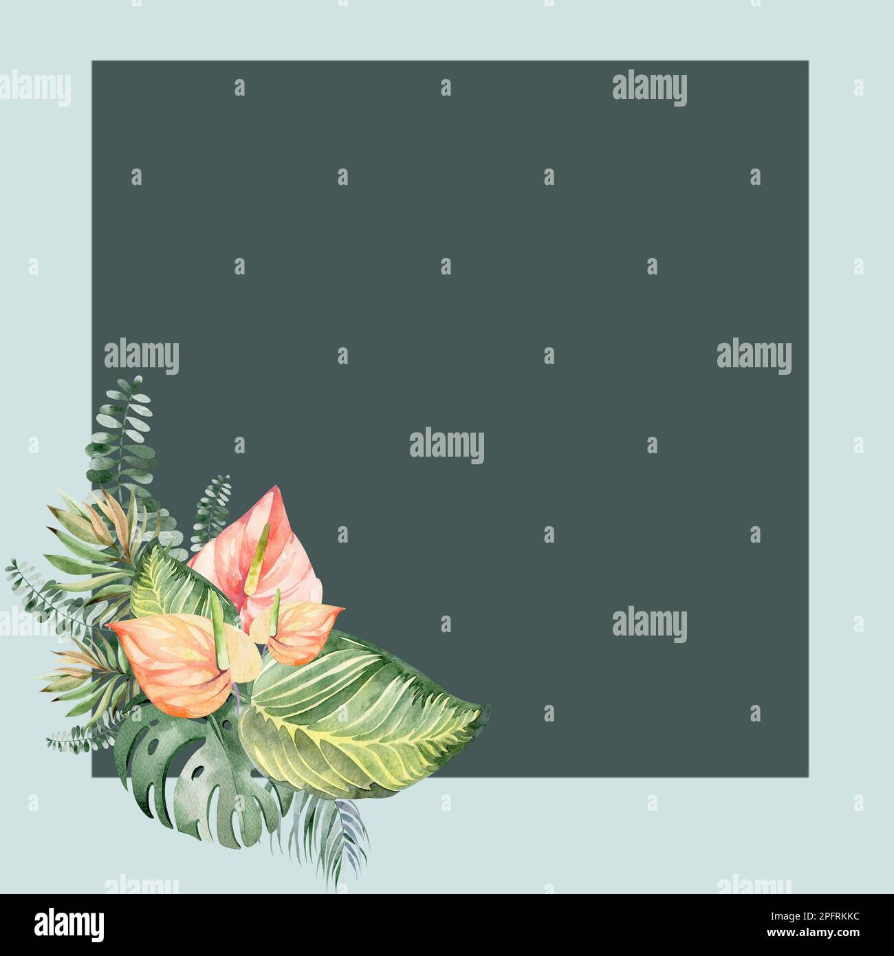 Rahmen in Aquarellfarben mit Blumenmuster. Rahmen aus tropischen Blumen und Blättern mit Flamingo-Vögeln. Werke Australiens und Afrikas. Für die Gestaltung von Urlaubskarten, Stockfoto