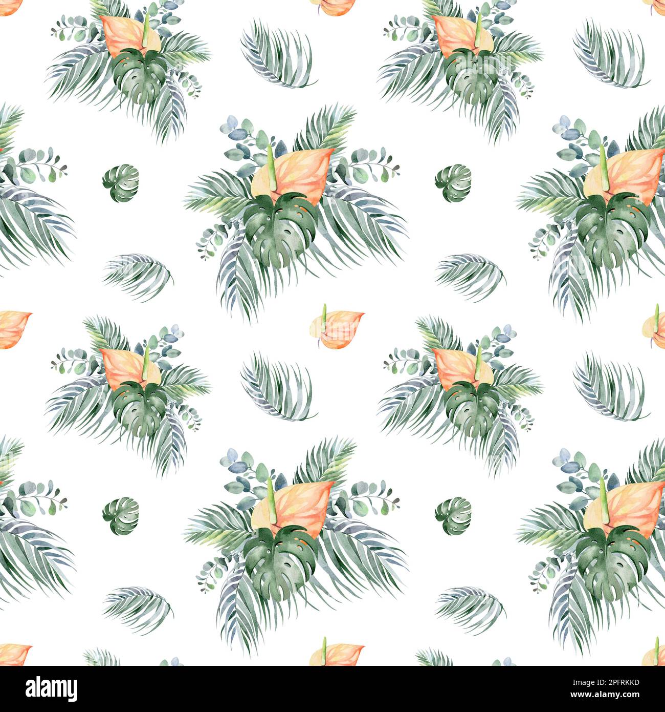 Nahtloses Aquarell-Muster. Blumiger Hintergrund tropische Blüten und Blätter mit Flamingo-Vögeln. Pflanzen und Blumen Australiens. Stockfoto