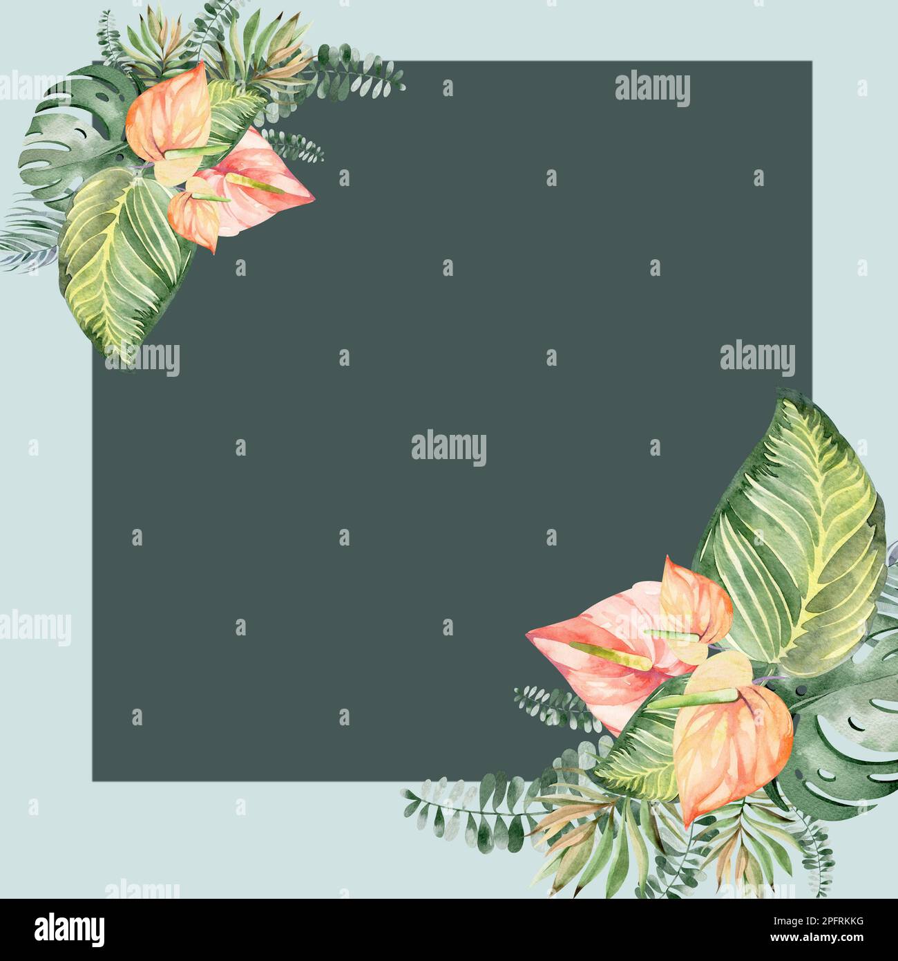 Rahmen in Aquarellfarben mit Blumenmuster. Rahmen aus tropischen Blumen und Blättern mit Flamingo-Vögeln. Werke Australiens und Afrikas. Für die Gestaltung von Urlaubskarten, Stockfoto