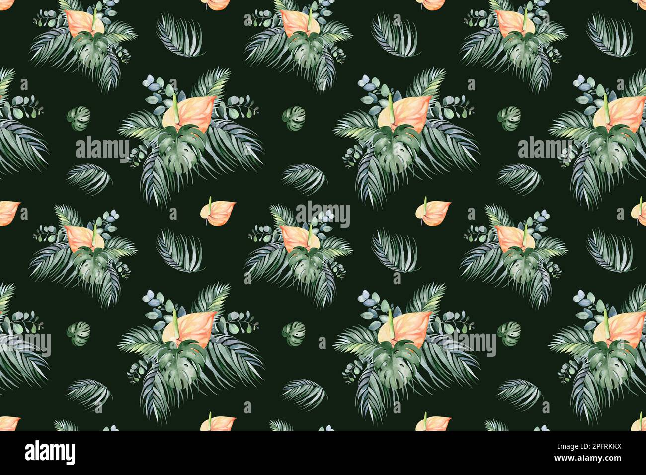 Nahtloses Aquarell-Muster. Blumiger Hintergrund tropische Blüten und Blätter mit Flamingo-Vögeln. Pflanzen und Blumen Australiens. Stockfoto