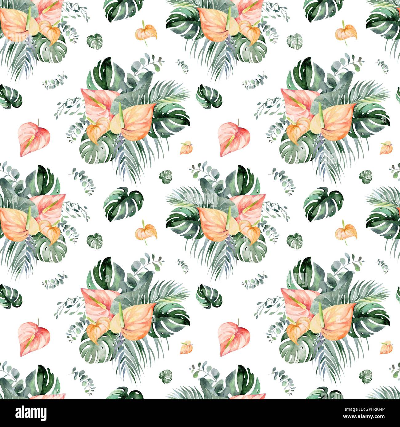 Nahtloses Aquarell-Muster. Blumiger Hintergrund tropische Blüten und Blätter mit Flamingo-Vögeln. Pflanzen und Blumen Australiens. Stockfoto