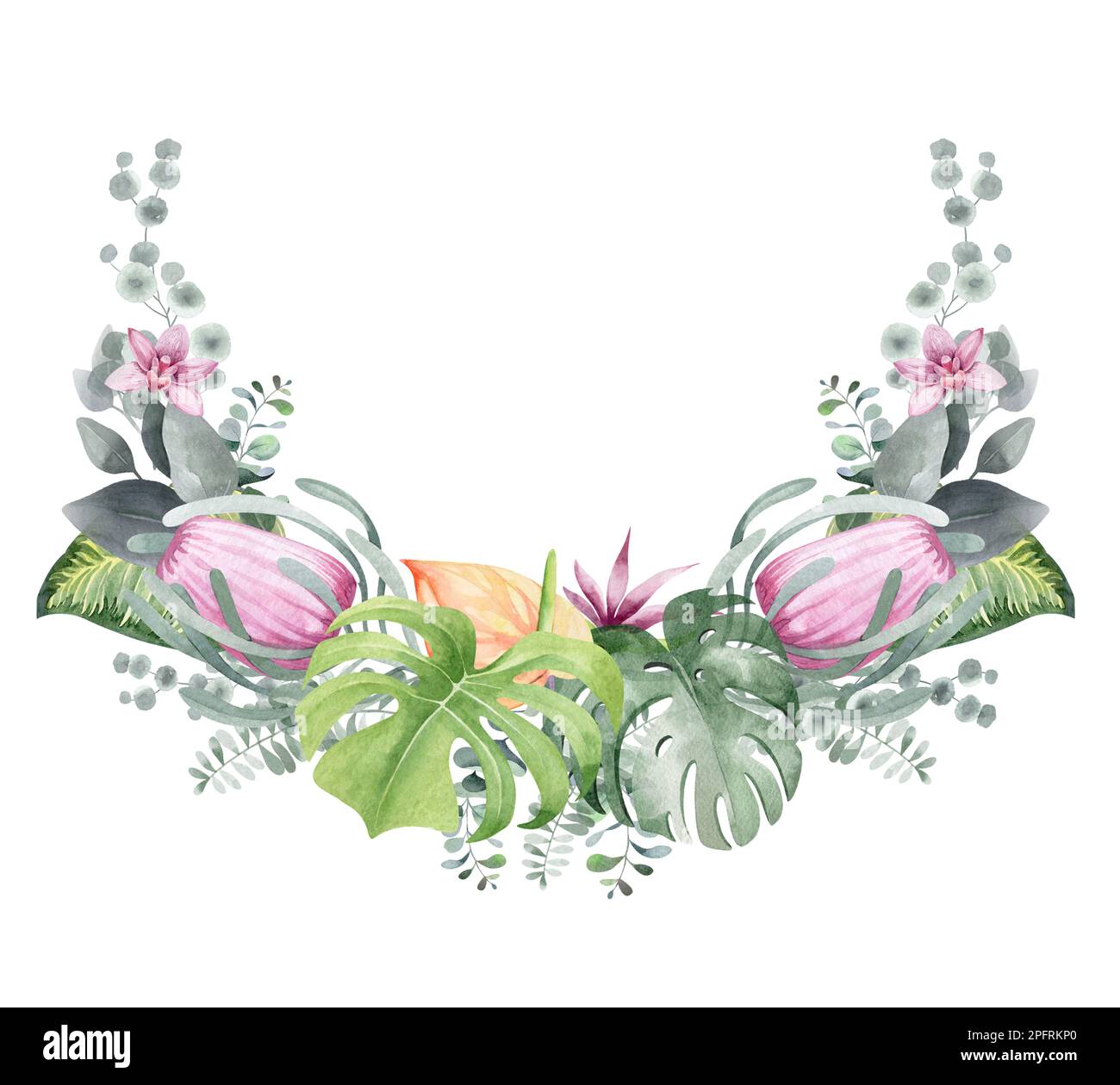 Rahmen in Aquarellfarben mit Blumenmuster. Rahmen aus tropischen Blumen. Werke Australiens und Afrikas. Für das Design von Weihnachtskarten, Geburtstag, Hochzeit Stockfoto