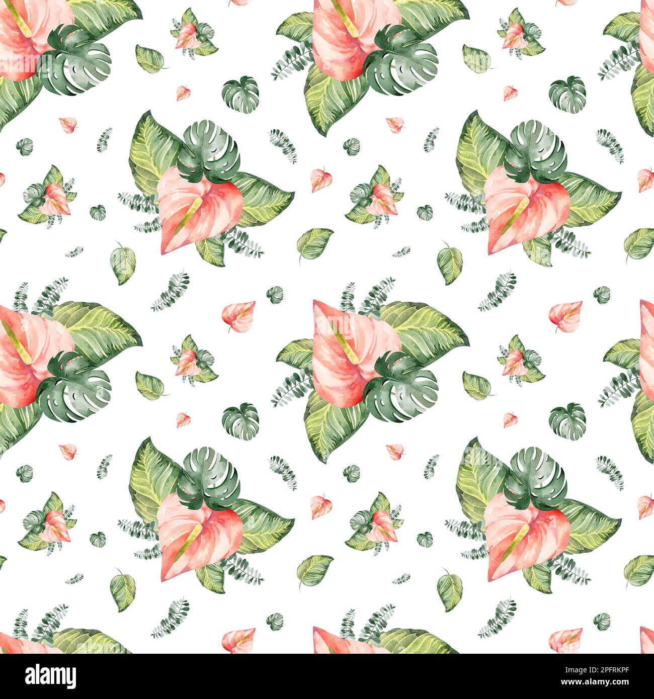 Nahtloses Aquarell-Muster. Blumiger Hintergrund tropische Blüten und Blätter mit Flamingo-Vögeln. Pflanzen und Blumen Australiens. Stockfoto