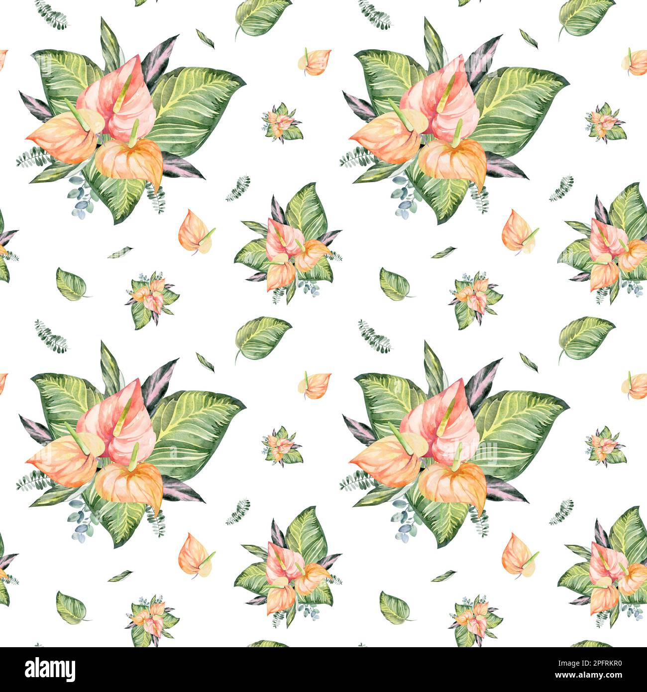 Nahtloses Aquarell-Muster. Blumiger Hintergrund tropische Blüten und Blätter mit Flamingo-Vögeln. Pflanzen und Blumen Australiens. Stockfoto