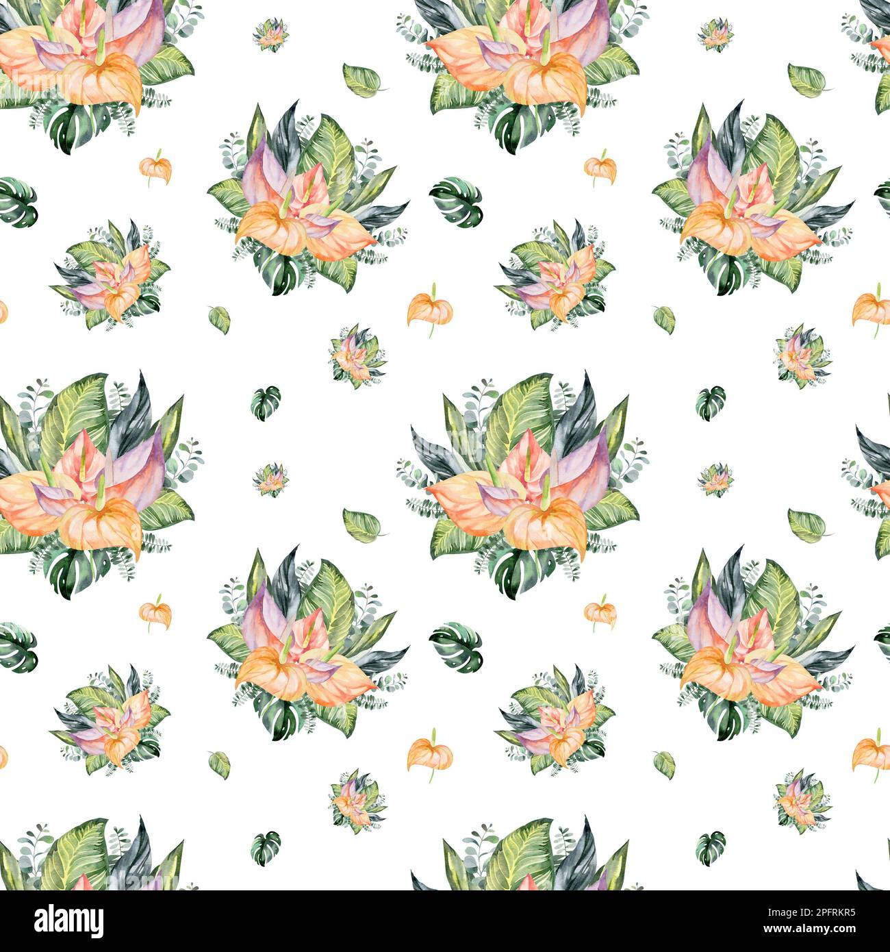 Nahtloses Aquarell-Muster. Blumiger Hintergrund tropische Blüten und Blätter mit Flamingo-Vögeln. Pflanzen und Blumen Australiens. Stockfoto