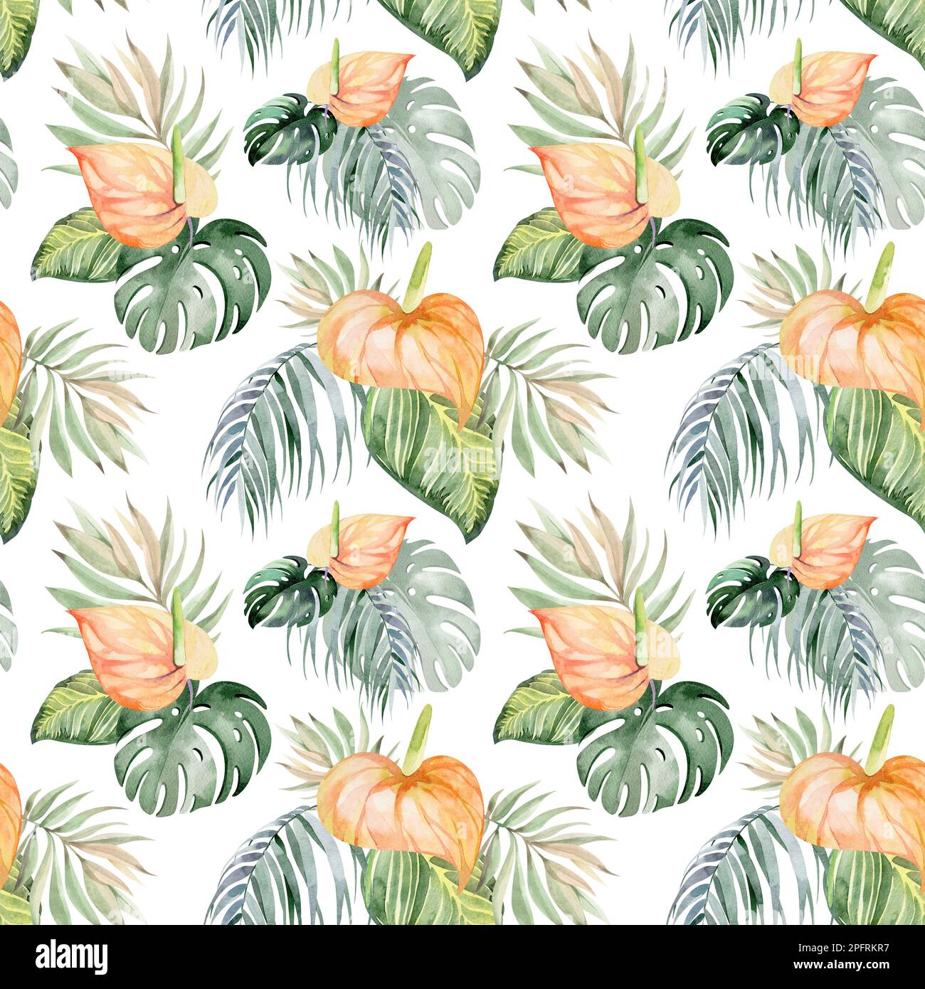 Nahtloses Aquarell-Muster. Blumiger Hintergrund tropische Blüten und Blätter mit Flamingo-Vögeln. Pflanzen und Blumen Australiens. Stockfoto