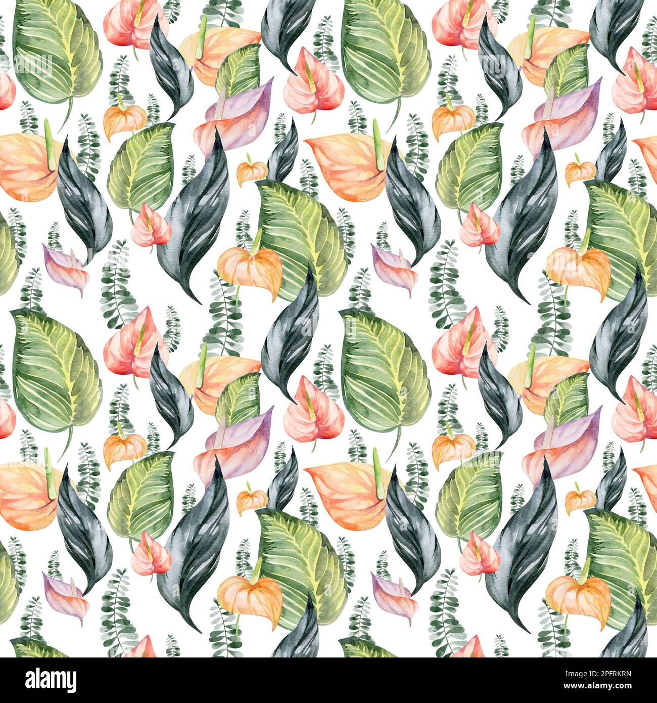 Nahtloses Aquarell-Muster. Blumiger Hintergrund tropische Blüten und Blätter mit Flamingo-Vögeln. Pflanzen und Blumen Australiens. Stockfoto