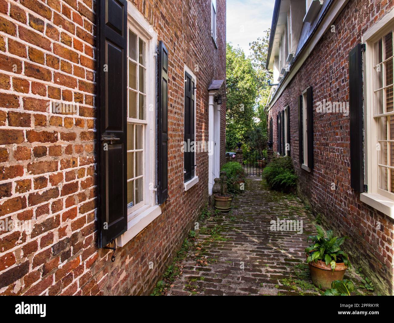 Savannah, eine Küstenstadt von Georgia, ist von South Carolina durch den Savannah River getrennt. Es ist bekannt für gepflegte Parks, Pferdekutschen und an Stockfoto