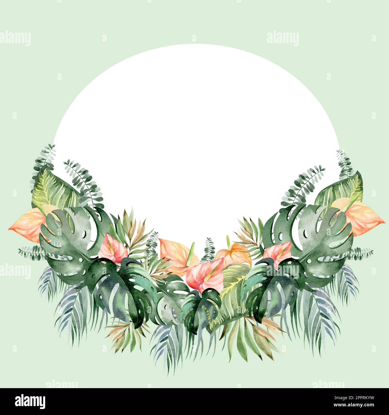 Rahmen in Aquarellfarben mit Blumenmuster. Rahmen aus tropischen Blumen. Werke Australiens und Afrikas. Für das Design von Weihnachtskarten, Geburtstag, Hochzeit Stockfoto