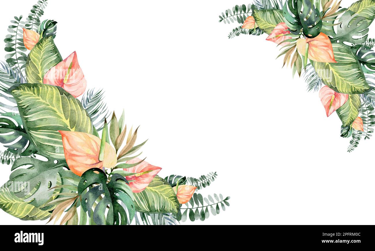 Rahmen in Aquarellfarben mit Blumenmuster. Rahmen aus tropischen Blumen. Werke Australiens und Afrikas. Für das Design von Weihnachtskarten, Geburtstag, Hochzeit Stockfoto