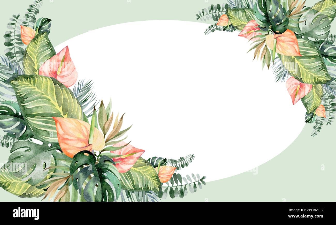 Rahmen in Aquarellfarben mit Blumenmuster. Rahmen aus tropischen Blumen. Werke Australiens und Afrikas. Für das Design von Weihnachtskarten, Geburtstag, Hochzeit Stockfoto